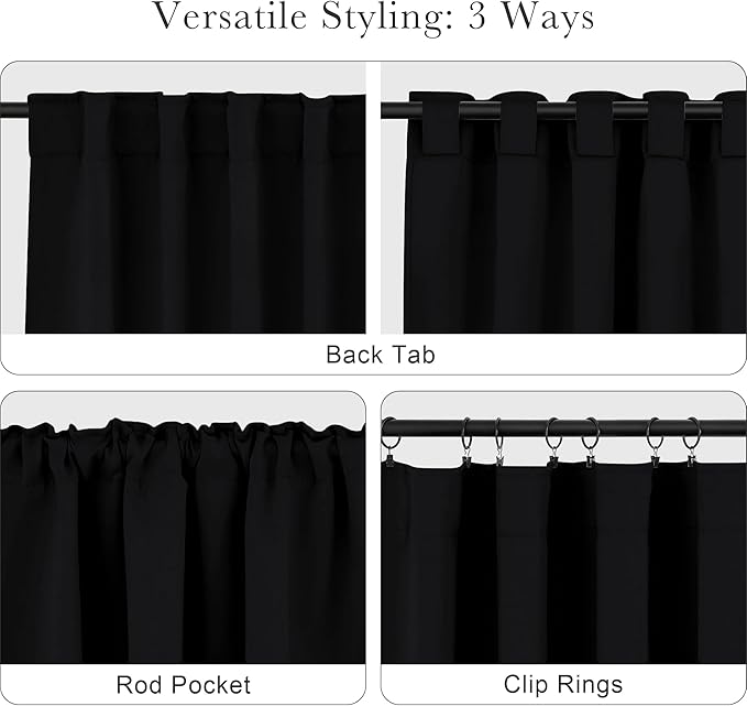 PONY DANCE Small Window Curtains 2 Panels Set, Half Window Rod Pocket Privacy Curtain Tiers for Kitchen Bathroom Basement Cafe Cabinet Tiers Drapes, W42 x L36 Inch, Black