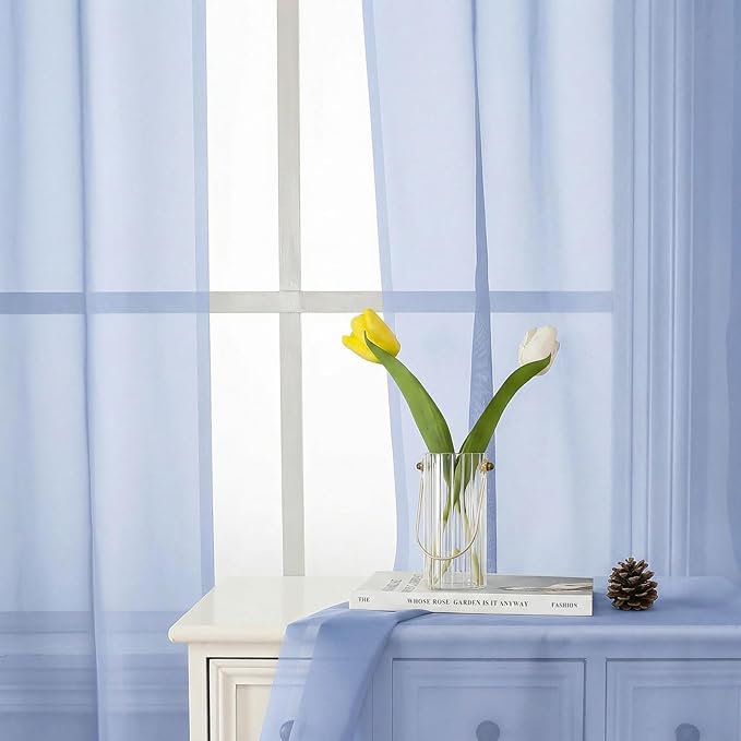 Lecloud Denim Blue Sheer Curtains 84 Inches Long 2 Panels, Light Filtering Bedroom Curtains with Rod Pocket, Airy Voile Farmhouse Window Drapes for Living Room Dining Room, Each Panel 42" W x 84" L