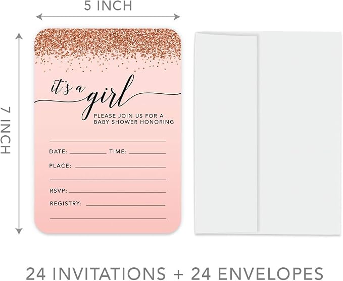 Andaz Press Blush Pink and Rose Gold Glitter Elegant Party Collection, 5x7-inch Invitations with Envelopes, It's a Girl!, 24-Pack, Double Sided Printing, Heavy Card Stock, Includes Envelopes