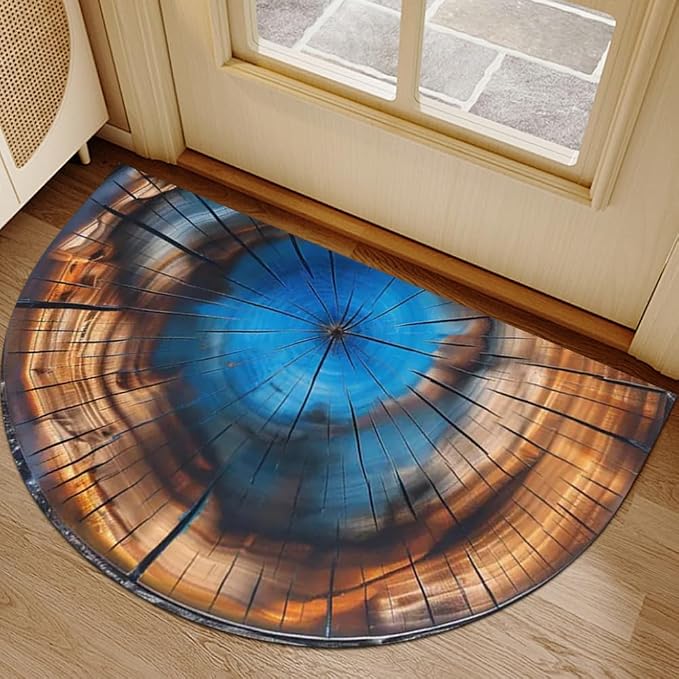 Fchen art Vintage Wood Grain Blue Half Round Door Mat – Non Slip Washable Welcome Mat for Indoor/Outdoor Use, Durable Absorbent Doormat for Home Kitchen Entryway Restaurant Office, 17x30 Inches