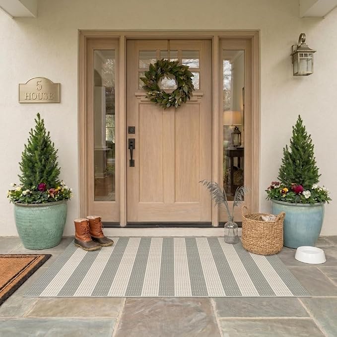 LEEVAN 3x5 Outdoor Rug for Porch, Washable Striped Welcome Front Porch Mat | Outside Entryway Patio Rug, Woven Doormat Grey and White Buffalo Backyard Layered Mat for Entrance/Balcony/Apartment