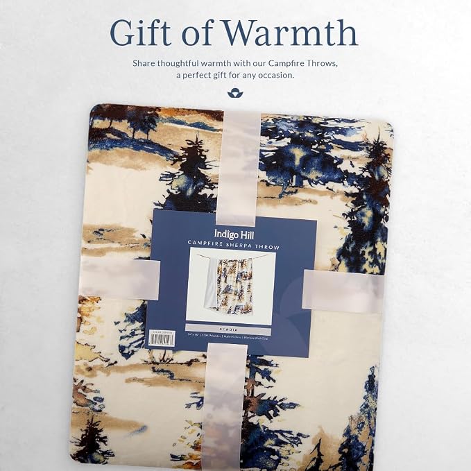 Indigo Hill by HiEnd Accents Acadia Sherpa Throw Blankets, Forest Pine Trees Nature Woodland Mountain Print Western Blanket for Camping Outdoor, Cabin Lodge Rustic Sherpa Fleece Blanket, 54x68 inch