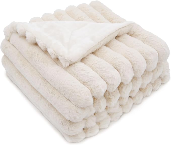 DEZ FURNISHINGS Luxury Reversible Textured Stripe Faux Fur & Velvet Throw Blanket, Twin (66" x 90"), Taupe
