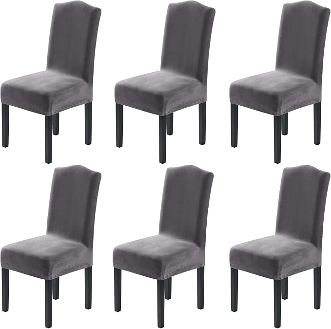H.VERSAILTEX Velvet Dining Chair Covers Stretch Chair Covers for Dining Room Set of 6 Parson Chair Slipcovers Chair Protectors Covers Dining, Soft Thick Solid Velvet Fabric Washable, Grey