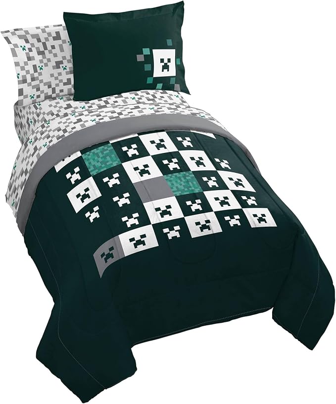 Minecraft Creeper Full Comforter Set 7 Piece Video Game Bedding, Green | Zombie Enderman, Comforter Sheets Shams Pillowcases, Official Product, Soft Microfiber, Machine Washable, Kids Gift