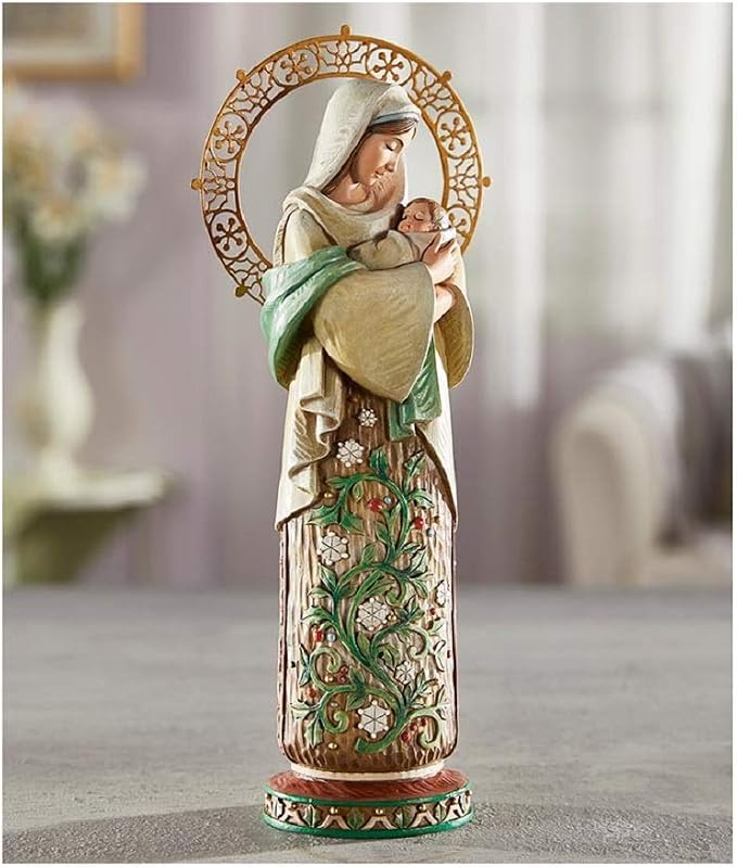Avalon Gallery Madonna & Child to Everything There is A Season Figurine – Wood-Look, Floral Design, Burnished Halo, 10.25-Inch, Winter
