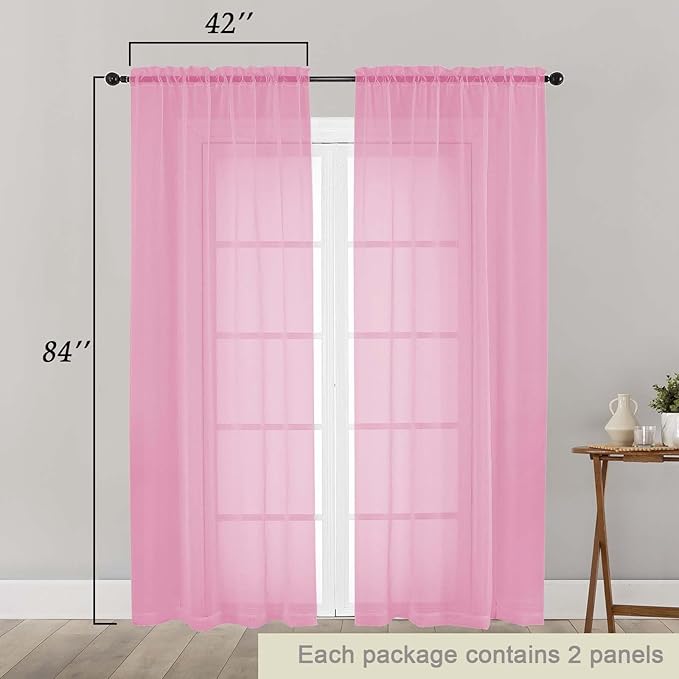 Pink Sheer Curtains 84 Inches Long 2 Panels, Soft Airy Light Filtering Curtains - Image 2