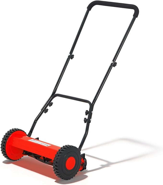 PeakPursuit Manual Push Reel Lawn Mower – 16-Inch 5-Blade, Adjustable Cutting Height, Lightweight, Compact Storage, Easy Assembly, Efficient for Small to Medium Yards – Red