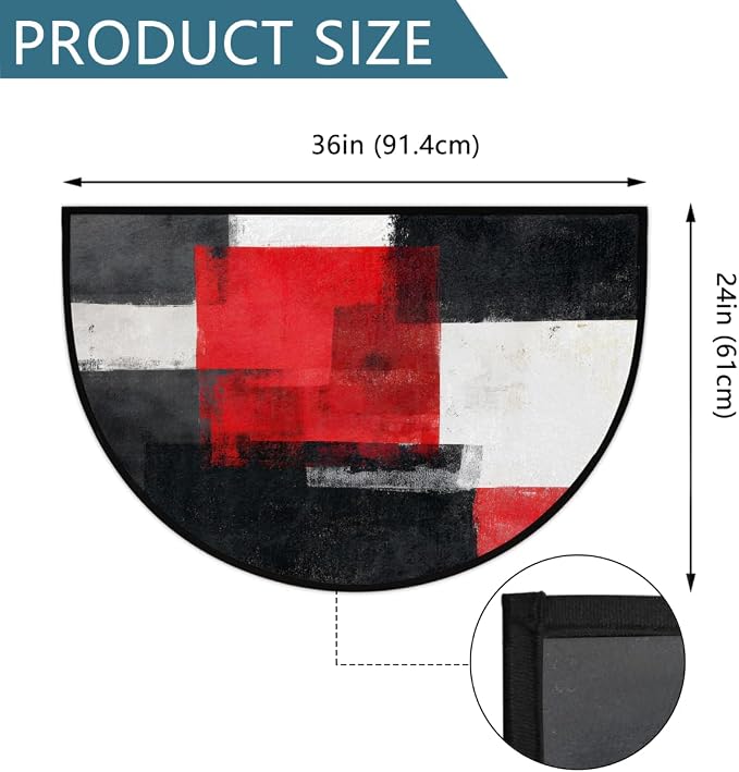 Black Red Half Round Doormat Semi Circle Rug Half Moon Rug Entryway Mat | Black Red Washable Non Slip Outdoor Floor Rug Kitchen Mat for Indoor Outdoor Bathroom Fireplace Bath Decor
