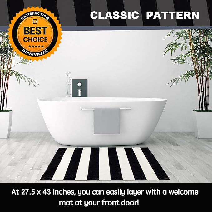 KaHouen Cotton Black and White Striped Rug (27.5 x 43 Inches), Washable Hand-Woven Stripe Outdoor Front Door Mat for Layered Door Mats/Porch/Kitchen/Bathroom/Laundry Room.