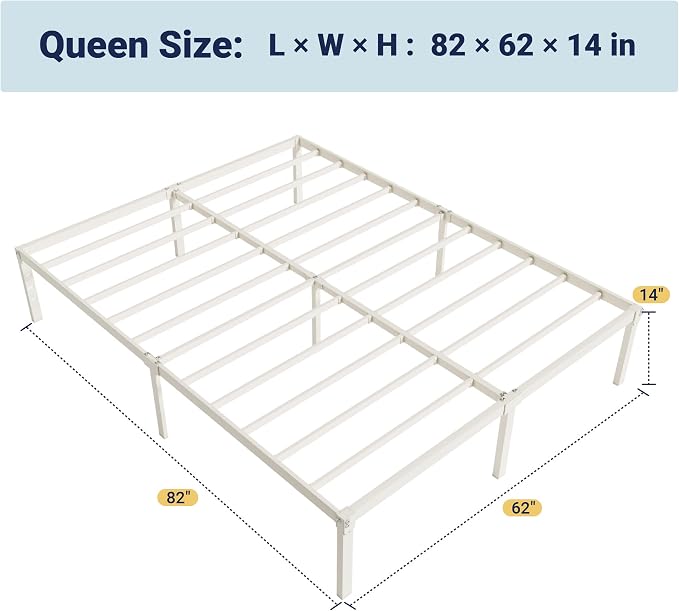Allewie Queen Bed Frame, 14 inch Metal Beds with Storage Space, Beige | Heavy-Duty Metal Platform Beds, Large Under-Bed Storage Space, No Box Spring Needed, Easy Assembly