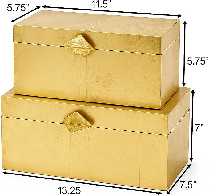 Vintiquewise Set of 2 Decorative Wooden Storage Boxes with Gold Accent – Boxes for Keys, Jewelry, Makeup, Accessories, Crafts, Gadgets, Home Office, Living Room, Bedroom & Entryway Décor, Gold