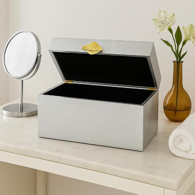 Vintiquewise Set of 2 Decorative Wooden Storage Boxes with Gold Accent – Boxes for Keys, Jewelry, Makeup, Accessories, Crafts, Gadgets, Home Office, Living Room, Bedroom & Entryway Décor, Silver