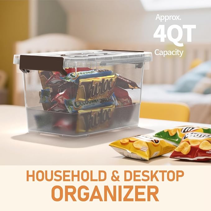 8 Pack Plastic Storage Latch Bins, 4 Quart Clear Plastic Handle Box with Lids and Handle, Multi-Purpose