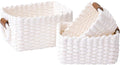 LA JOLIE MUSE Small Wicker Baskets for Organizing, White 3 Pack | Decorative Organizer with Vegan Leather Tag, Round Handle, Storage Baskets for Shelves, Bedroom, Kitchen, Office and Home