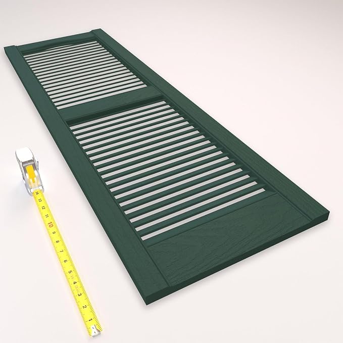 12"W x 80"H Lifetime Vinyl, Standard Cathedral Top Center Mullion, Open Louver Shutters, w/Installation Shutter-Lok's & Matching Screws (Per Pair), Forest Green