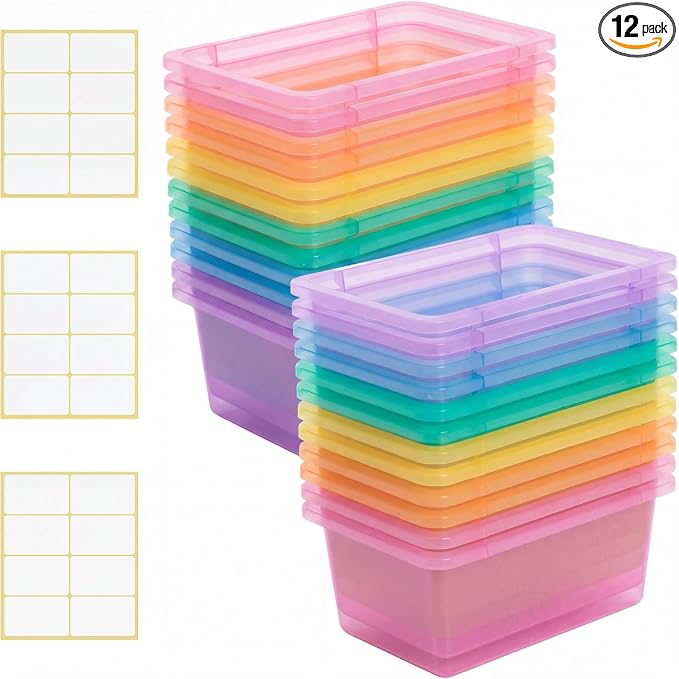 Zonon 12 Pcs Plastic Cubby Storage Bin Back to School Classroom Cubby Organization Storage Container with 1 Pack Self Adhesive Label for Office School Library(Clear Macaron Color,11.61 x 7.68 x 4.92)