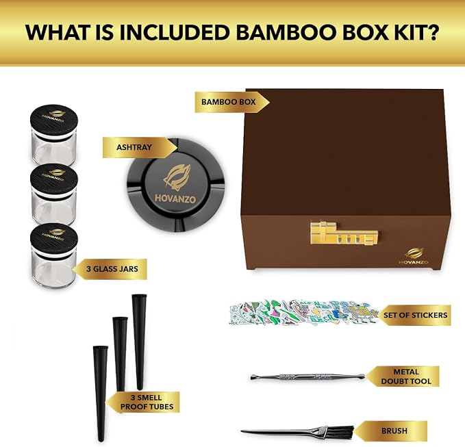 HOVANZO Premium Large Bamboo Storage Box with Organizer Tray - Storage Wood Box and Accessories - Decorative Box with Combination Lock - Large Wooden Container - Box Kit with Glass Jars