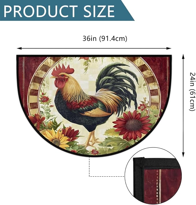 Half Round Door Mat Rooster Chicken Flower Semi Circle Area Rug Half Moon Hearth Rugs Runner Mat for Bathroom Kitchen Patio Laundry Room