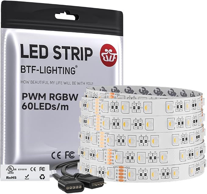 BTF-LIGHTING RGBW LED Strip Lights,UL Listed,5050 4 Colors in 1 RGB + 2700K-3000K Warm White,24V DC,16.4ft/5m 60LEDs/m 12mm White PCB, IP30 for Home Decoration(No Adapter or Controller)