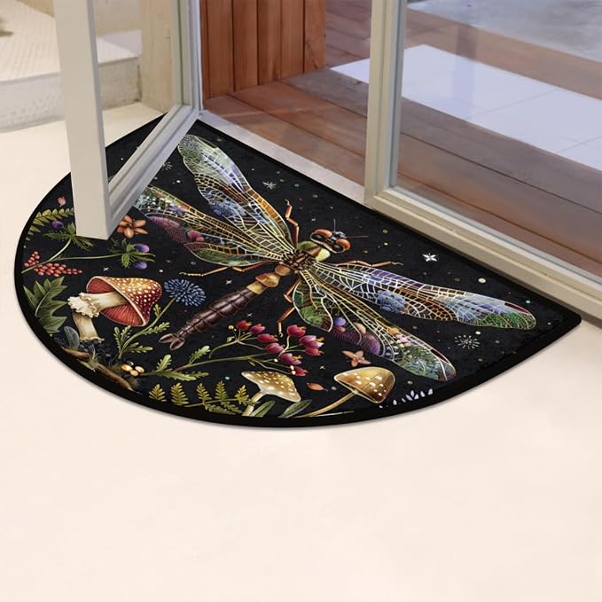 Half Round Doormat Animal Dragonfly Flower Non Slip Half Circle Area Rugs Indoor Washable Half Moon Rug Semi Circle Bathroom Runner Mat Entrance Floor Carpet for Kithen Bedroom Fireplace Decor