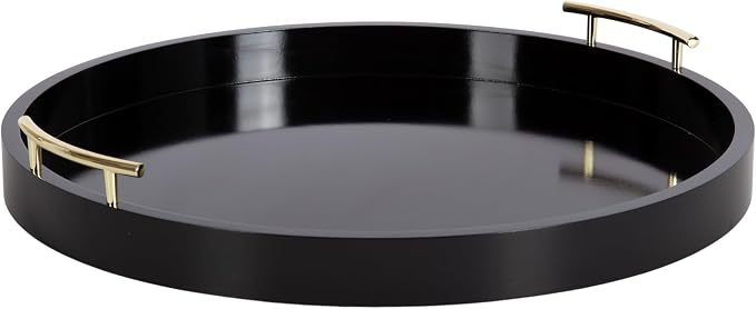 Kate And Laurel Lipton Modern Round Ottoman Tray; 22 Inch Diameter; Black and Gold; Decorative Circle Coffee Table Tray for Living Room Decor or Large Serving Tray