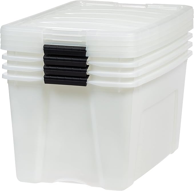 IRIS USA 4-Pack 72 Quart Storage Bins with Lids, Pearl | Conceals contents for a clean look. Perfect for moving, blankets, clothing, and garage storage. Nestable design saves space