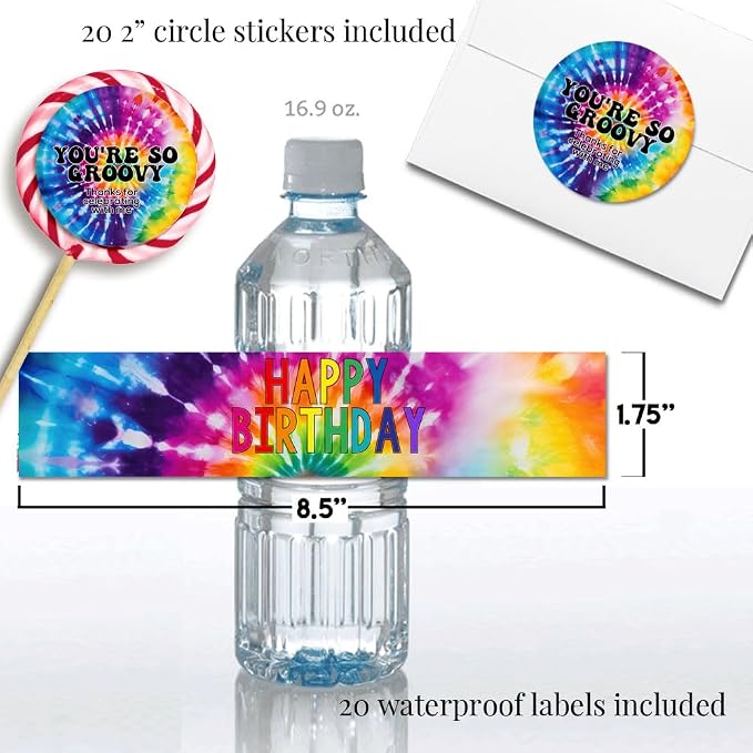 Amanda Creation Deluxe Colorful Tie-Dye Birthday Party Bundle Includes 20 Invitations & Thank You Cards with Envelopes + 3 Different Sizes of Stickers & Water Bottle Labels!