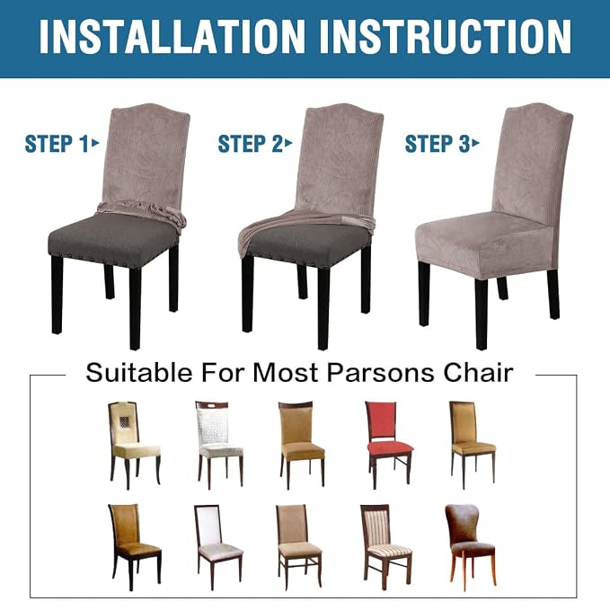 H.VERSAILTEX Velvet Dining Chair Covers Stretch Chair Covers for Dining Room Set of 6 Parson Chair Slipcovers Chair Protectors Covers Dining, Soft Thick Solid Velvet Fabric Washable, Taupe Striped