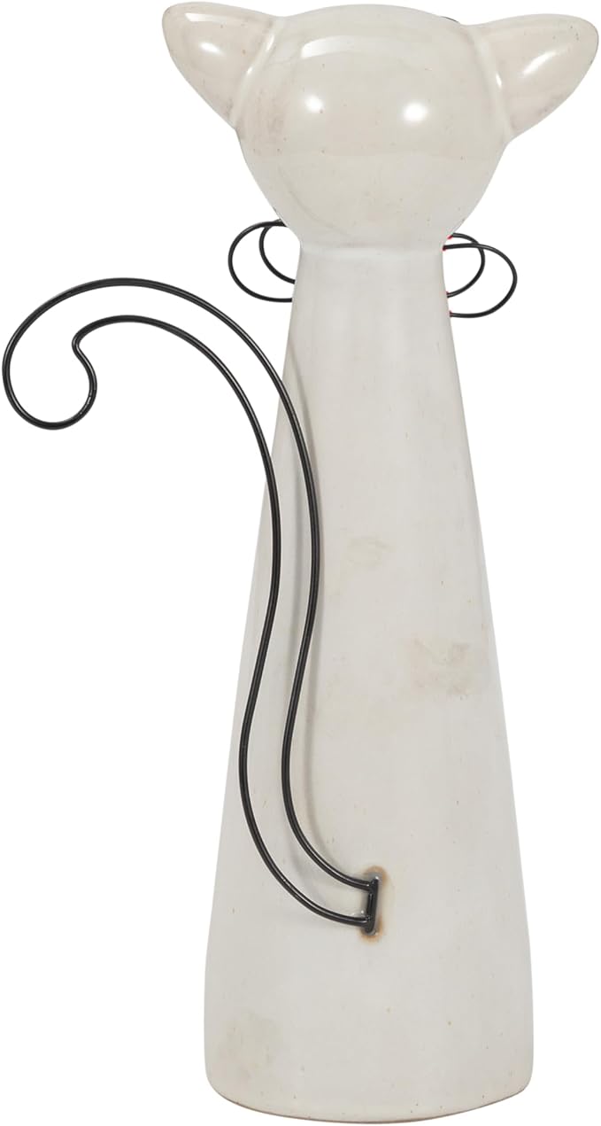 Ceramic Cat Figurine Sculpture – Playful Room Decor Accent, Shelf, Desk, or Console Placement, Whimsical Cat Home Decor With Glasses and Bow – 11", White