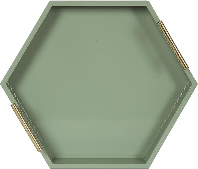 Kate and Laurel Lipton Modern Hexagon Tray; 18 x 18; Sage Green with Gold Handles; Midcentury Decorative Serving Tray for Storage and Display in Living Room Decor Scheme