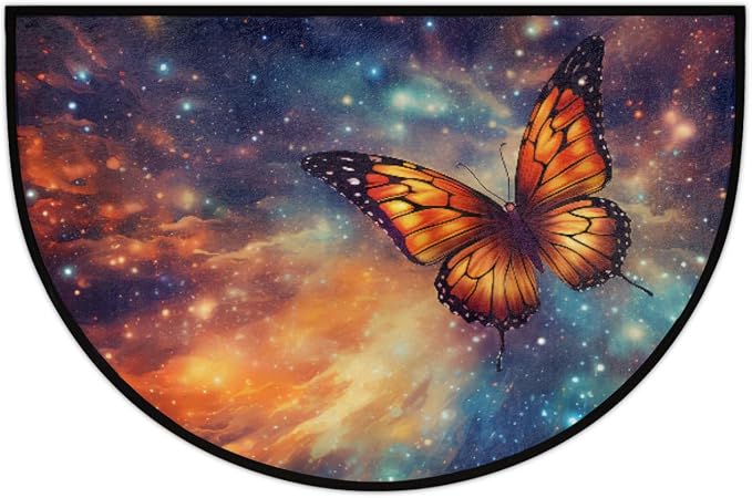 Butterfly Half Round Doormat Non-Slip Semi Circle Rug Half Moon Mat | Color Galaxy Color Washable Soft Absorbent Indoor Outdoor Entrance Kitchen Bathroom Sink Patio Welcome Fireplace Floor Rug