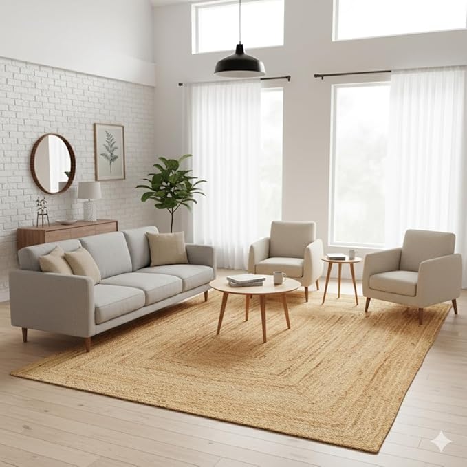 Craft Trade Hand Woven Large Jute Area Rugs Farmhouse Reversible Braided Farmhouse Living Room Indoor Kitchen Bedroom Wea Sisal ker Carpet (5' x 8', Rectangle)