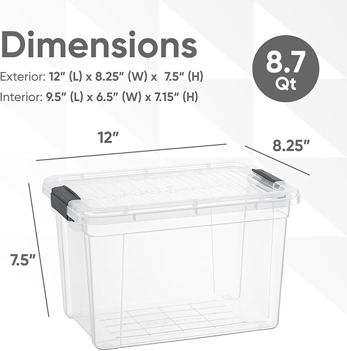 Superio Clear Storage Box with Lid, 8.7 Quart Plastic Container Bins for Organizing, Stackable Crates, BPA Free, Non Toxic, Odor Free, Organizers for Home, Office, School, and Dorm
