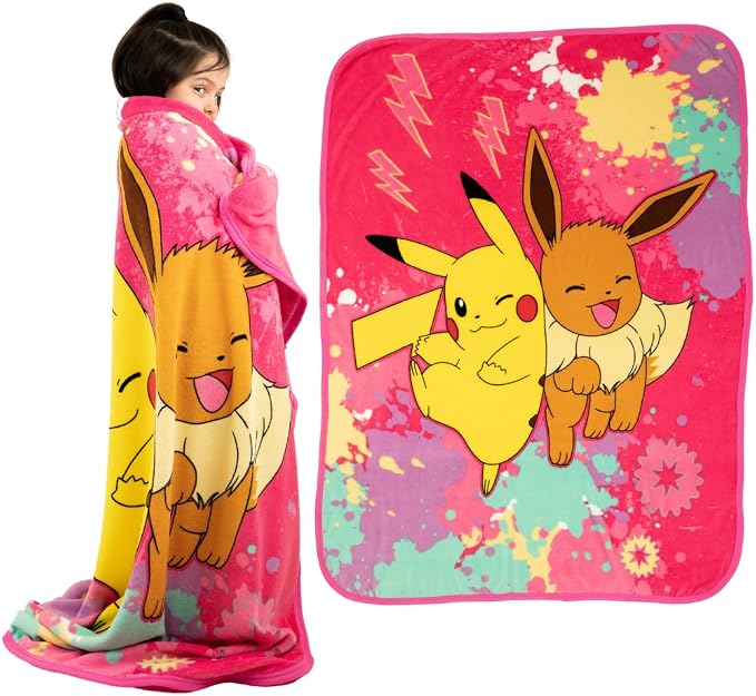 Pokemon Anime Pikachu and Eevee Kids Bedding Super Soft Micro Raschel Throw, 46 in x 60 in, (Official Licensed Product) by Franco