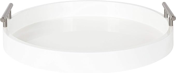 Kate and Laurel Lipton Modern Round Tray, 15.5 inch Diameter, White and Silver, Decorative Accent Tray for Storage and Display