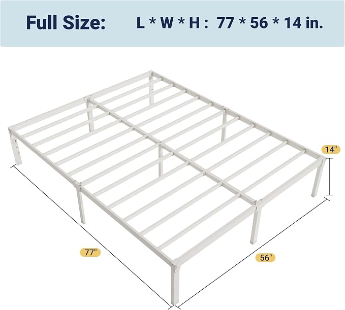 Allewie Full Size Bed Frame, 14 inch Metal Beds with Storage Space, White | Heavy-Duty Metal Platform Beds, Large Under-Bed Storage Space, No Box Spring Needed, Easy Assembly