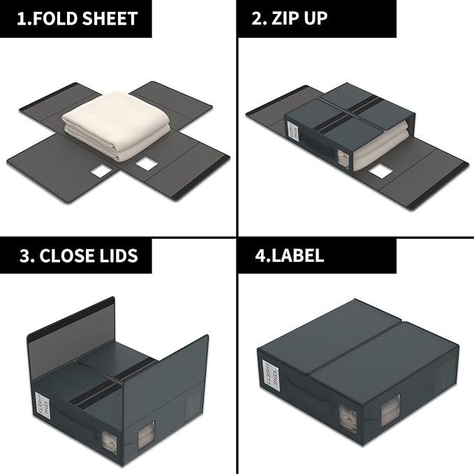 Aokeyee Bed Sheet Organizers and Storage 8 Pack Grey(Queen or King Size),Foldable Storage Box for Duvet Cover Set, Linen Closet Organizer for Bedding Clothes Blankets
