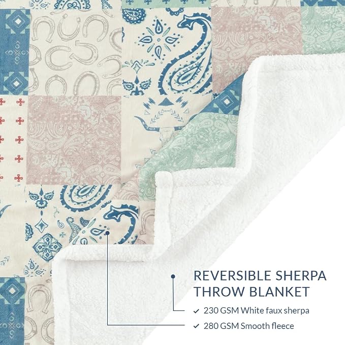 Indigo Hill by HiEnd Accents Patchwork Paisley 54x68 Throw Blanket | Bandana, Longhorn, and Horseshoe Print, Western-Style Soft Sherpa Plush Fleece Blanket for the Couch, Sofa, or Bed