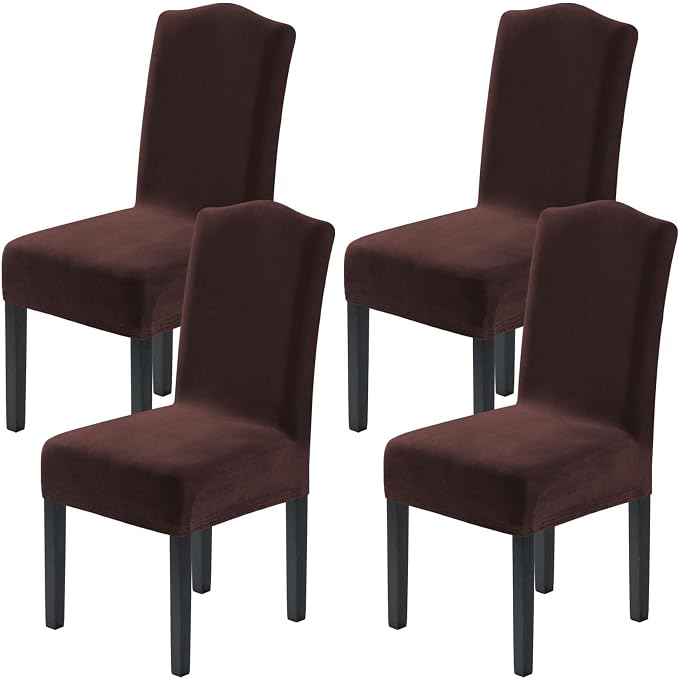 H.VERSAILTEX Velvet Dining Chair Covers Stretch Chair Covers for Dining Room Set of 4 Parson Chair Slipcovers Chair Protectors Covers Dining, Soft Thick Solid Velvet Fabric Washable, Brown