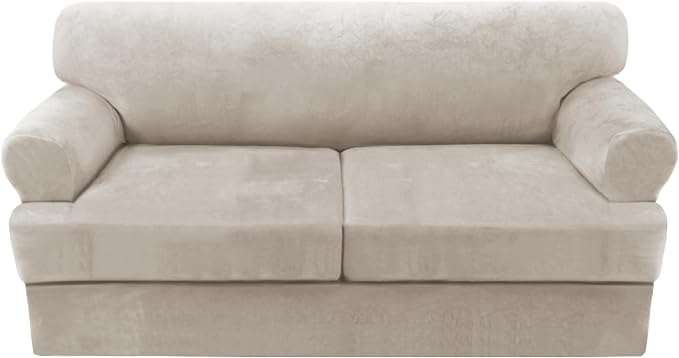 H.VERSAILTEX Sofa Cover 3 Piece T Cushion Sofa Slipcovers Thick Velvet Couch Cover Stretch T Cushion Sofa Covers for 2 Cushion Couch with 2 Individual T Cushion Covers Washable, Oatmeal