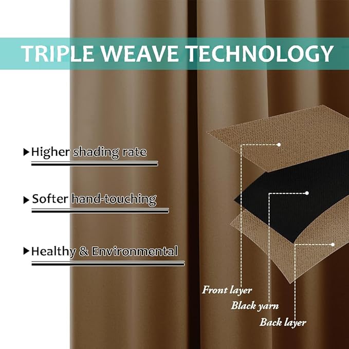 NICETOWN 100% Blackout Lined Curtains, Gold Brown, 1 Pair, 42" Width x 63" Length Each Panel, 2 Thick Layers Completely Blackout Window Treatment Panels Thermal Insulated Drapes for Kitchen