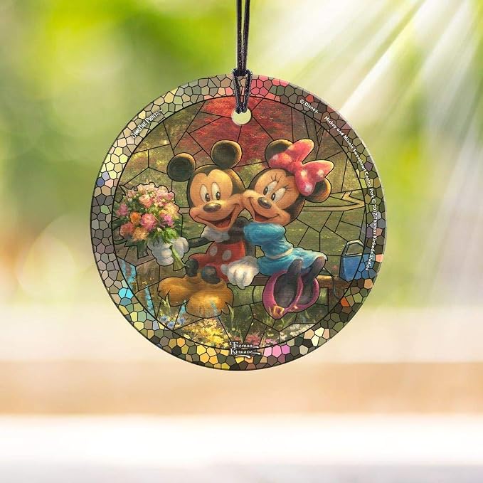 Disney Thomas Kinkade Disney Mickey and Minnie 3.5 in Hanging Glass Print | Hanging glass print | Bedroom or office display | Disney Thomas Kinkade gift