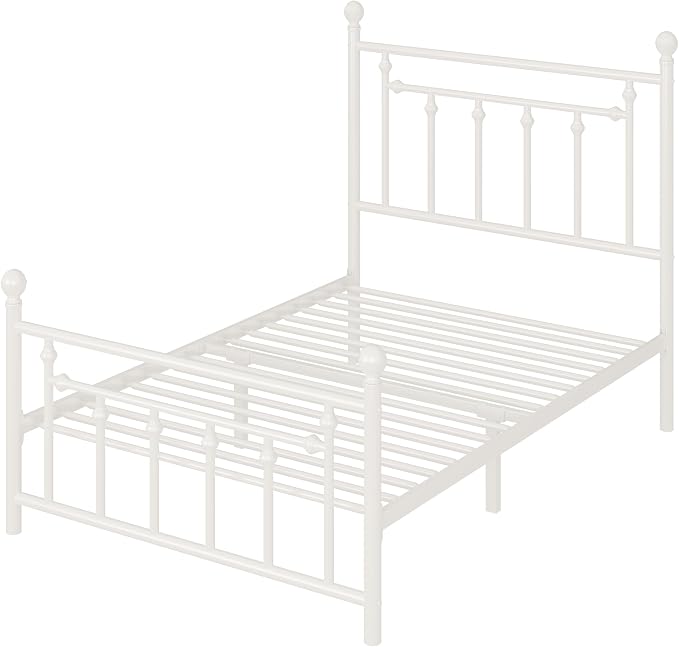 Allewie 14'' Twin Size Metal Platform Bed Frame, Vintage Headboard, White | 45'' Tall Victorian Headboard/Footboard/Mattress Foundation/Under Bed Storage/No Box Spring Needed/Easy Assembly/Noise Free