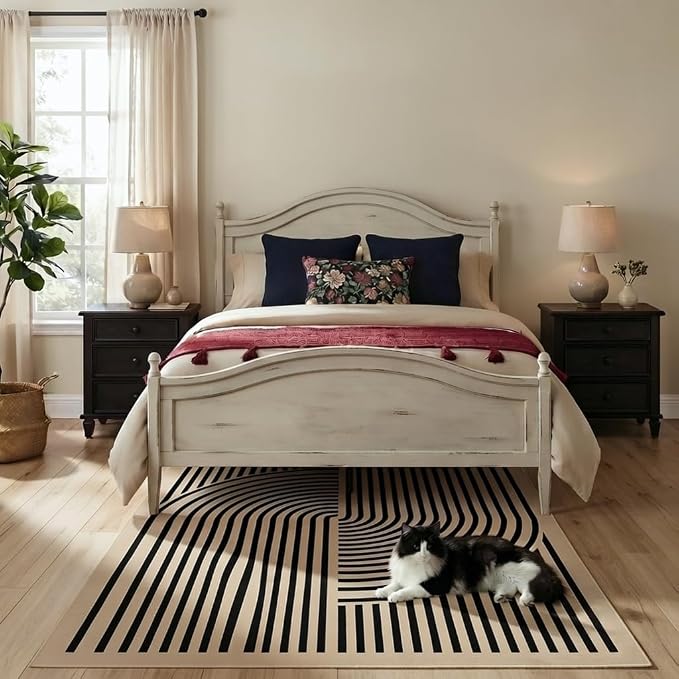 Brown Rug, 3x5, Modern Design, Black Stripes, Contemporary Abstract Farmhouse Style, Non-Slip TPE Backing, Low Pile, Washable Rug, Easy to Clean, Suitable for Living Room, Bedroom and Porch.