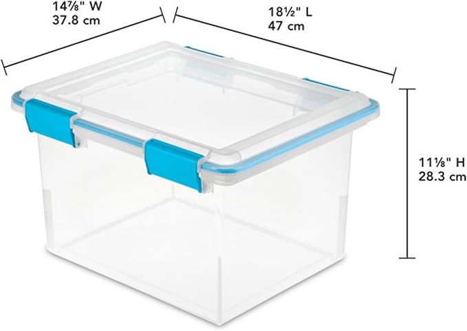 Sterilite Gasket Storage Box with Lids for Home & Office, 32 Quart, 16-Pack | Heavy-Duty, Stackable, and Organizing Containers for Bathroom, Cabinet, Closet, and Garage, Clear and Blue Aquarium Latches