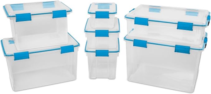 Sterilite Gasket Storage Box with Lids for Home & Office, 80 Quart, 12-Pack | Heavy-Duty, Stackable, and Organizing Containers for Bathroom, Cabinet, Closet, and Garage, Clear and Blue Aquarium Latches