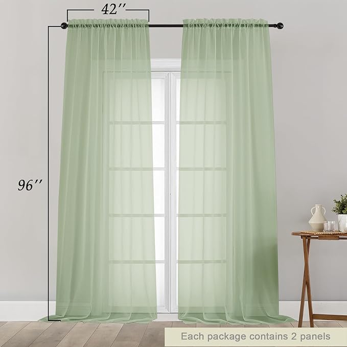 Light Green Sheer Curtains for Bedroom Living Room 96 Inches Long 2 Panels - Image 2
