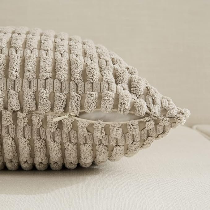 Fancy Homi Set of 4 Grey and White Lumbar Rectangle Decorative Throw Pillow Covers 12x20 Inch for Couch Bed Chair, Farmhouse Boho Room Decor, Soft Fuzzy Corduroy Textured Striped Cushion Case 30x50cm