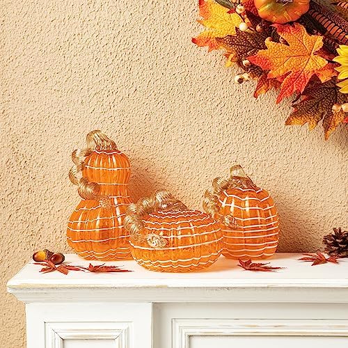 Glitzhome Hand Blown Glass Pumpkin 3pcs Fall Glass Gourd, Orange/White - Image 5